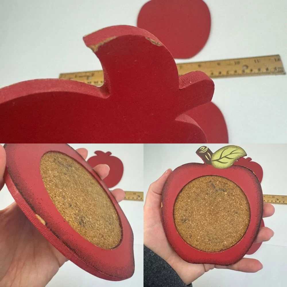 Vintage Set of 4 Red Apple Shape Coasters Wood Cork in Apple Basket Holder Theme